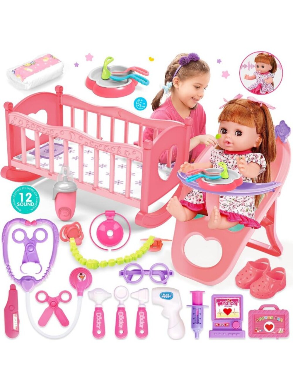 24PCS Baby Doll Care Playset for Girls 3-8 | Pretend Play Toys & Accessories